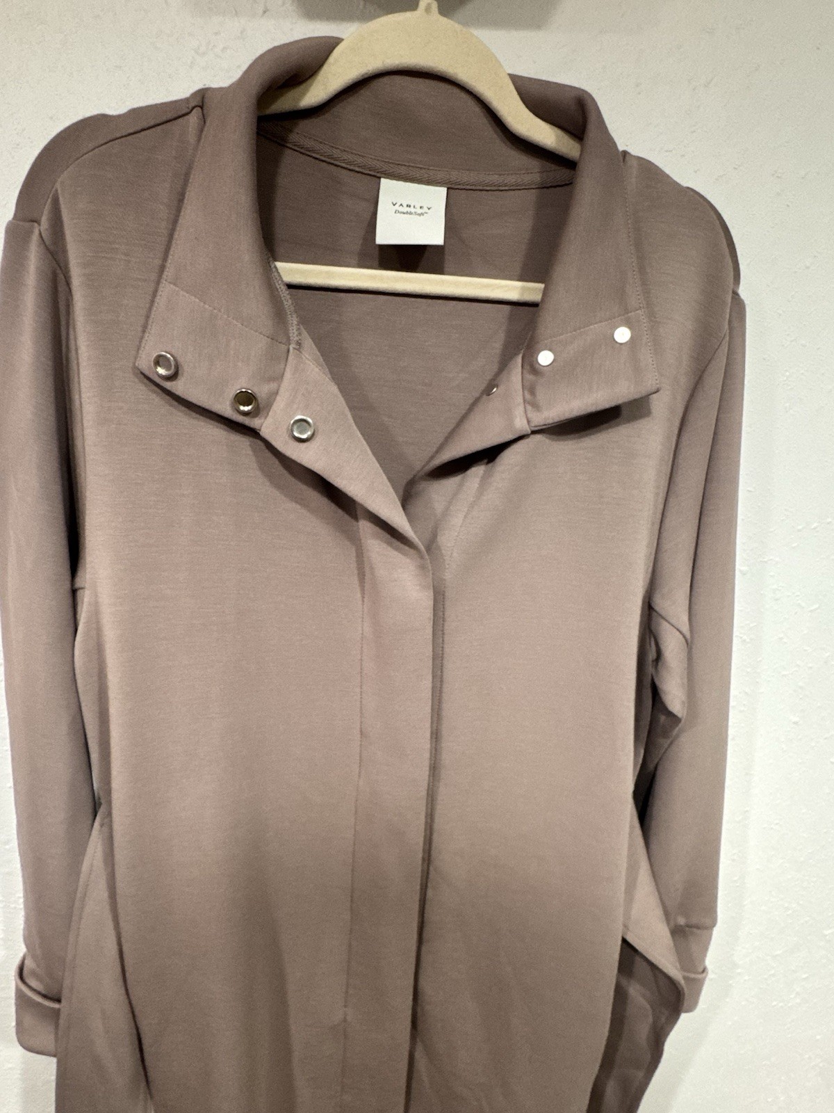VARLEY Anset Jacket DoubleSoft Snap High Neck Belted Wrap Cardigan Mauve Taupe M