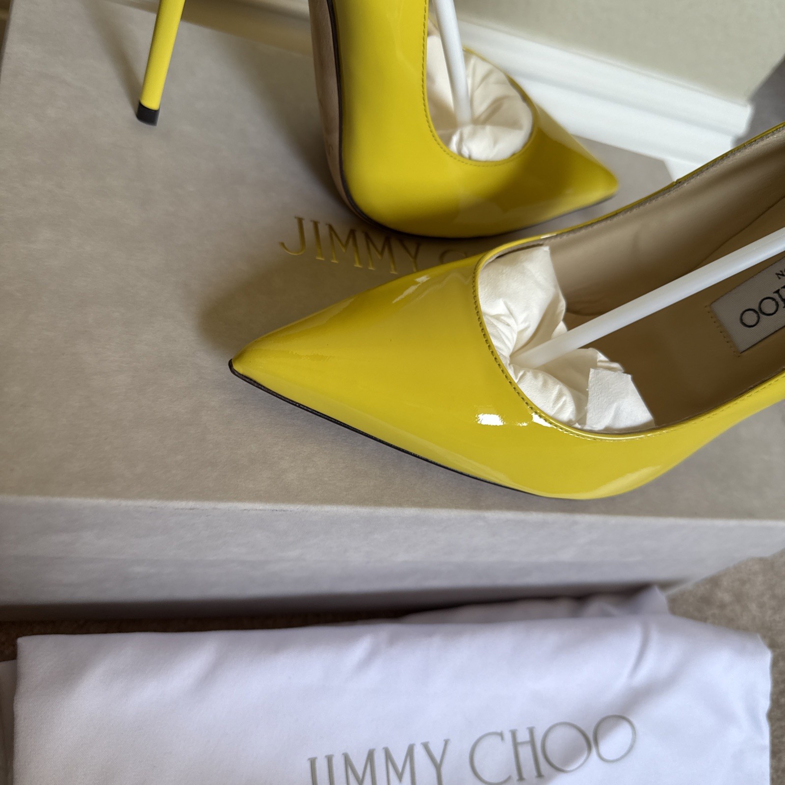 JIMMY CHOO Anouk Tacco 120 Patent Leather Point Toe Pump Yellow US 7 NIB RARE