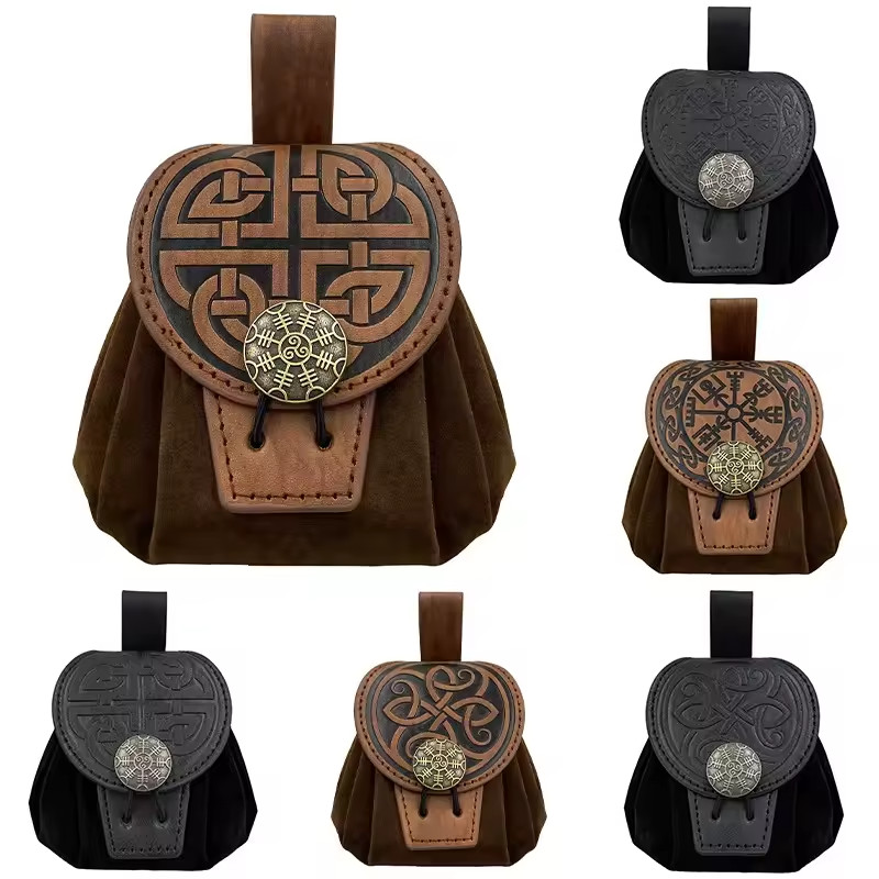Steampunk Medieval Punk Style Fanny Packs for Men Pu Leather Coin Purse Hangable
