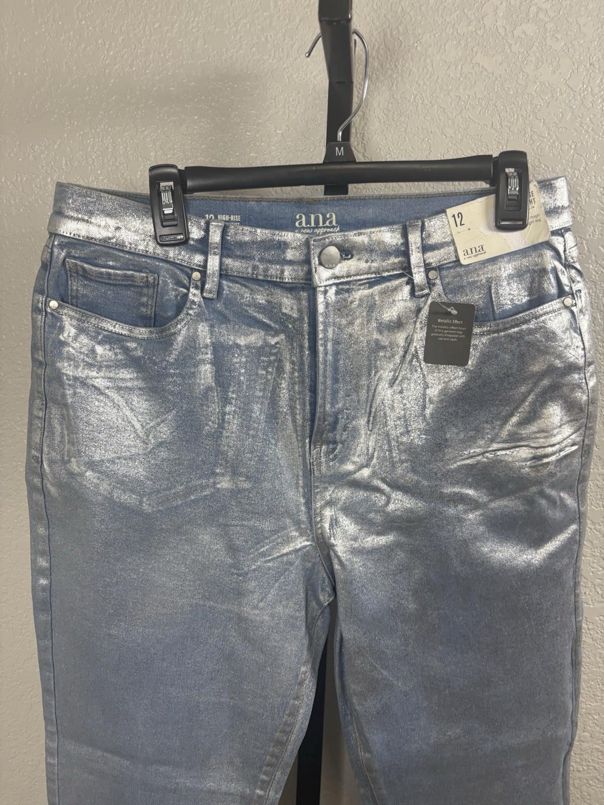 a.n.a Silver Straight Leg Jeans with Metallic Finish Size 4