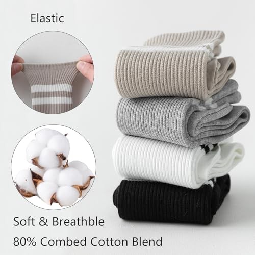 Womens Striped Crew Socks，Casual Long Athletic 4pairs-white Black Grey Khaki