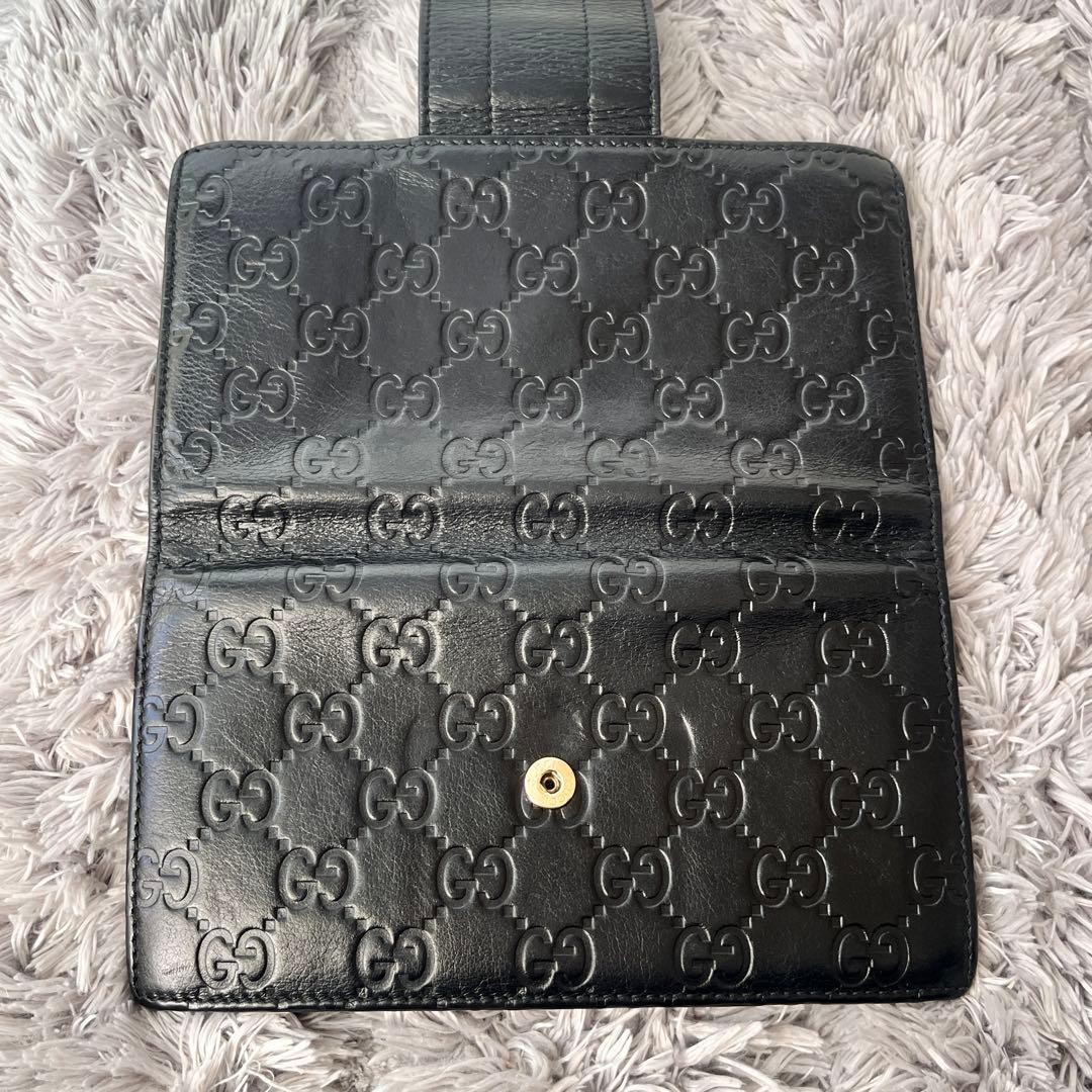 Beautiful Condition GUCCI Shima Logo Plate Gold Folding Wallet Black