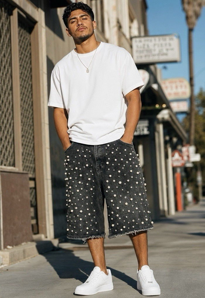 Homme + Femme Men’s Black Cotton Denim Shorts Gemstones Raw Hem 5-Pocket Sz 38