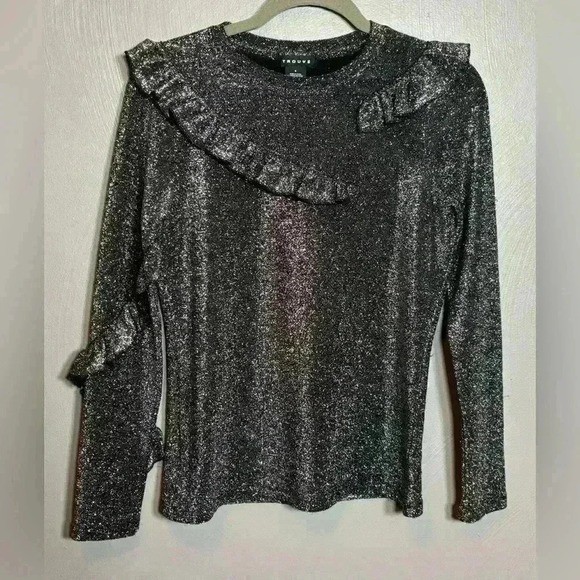 Trouvé Women’s Asymmetrical Ruffle Top Shirt Silver Black Sparkle Size Small