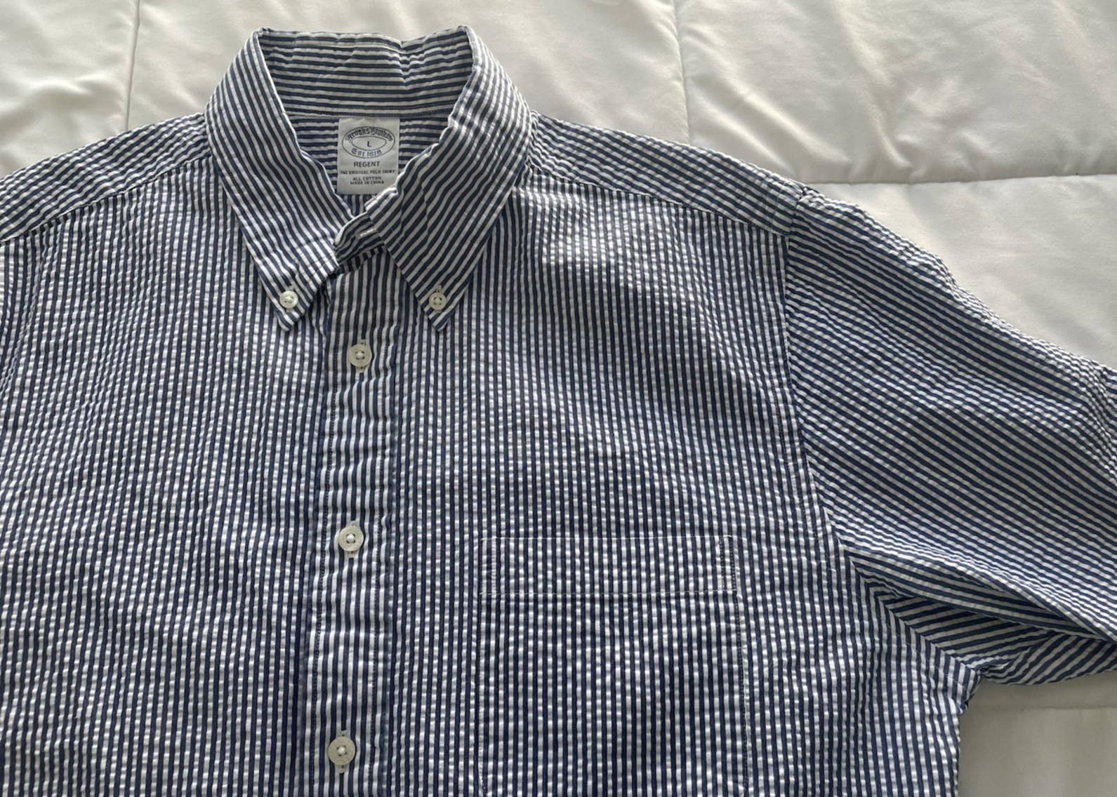 Brooks Brothers Seersucker Regent Shirt Men Large Blue Stripe Long Sleeve Button