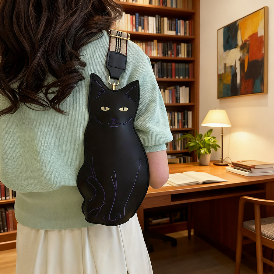 Black Cat Shaped Crossbody Bag – Adjustable Strap, Zipper Closure,Cute Animal De