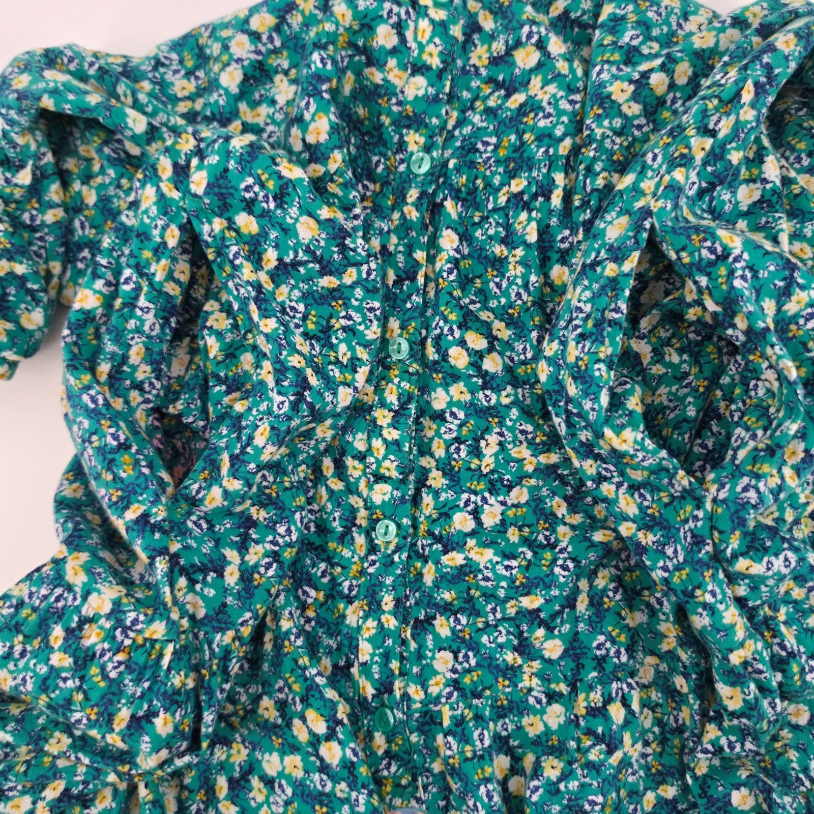 Old Navy Teal Green Floral Tiered Maxi Dress Puff Sleeve Button Front Womens M