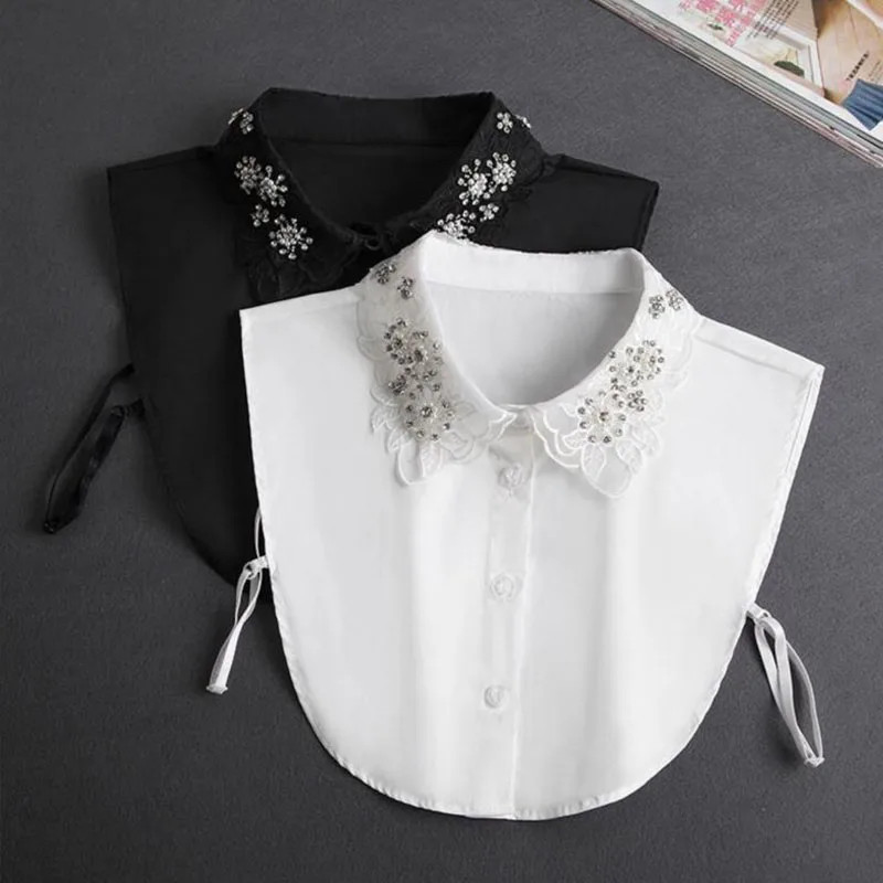 Front Tie White Fake Collar Stand Beads Detachable Collar Fake Women Vintage