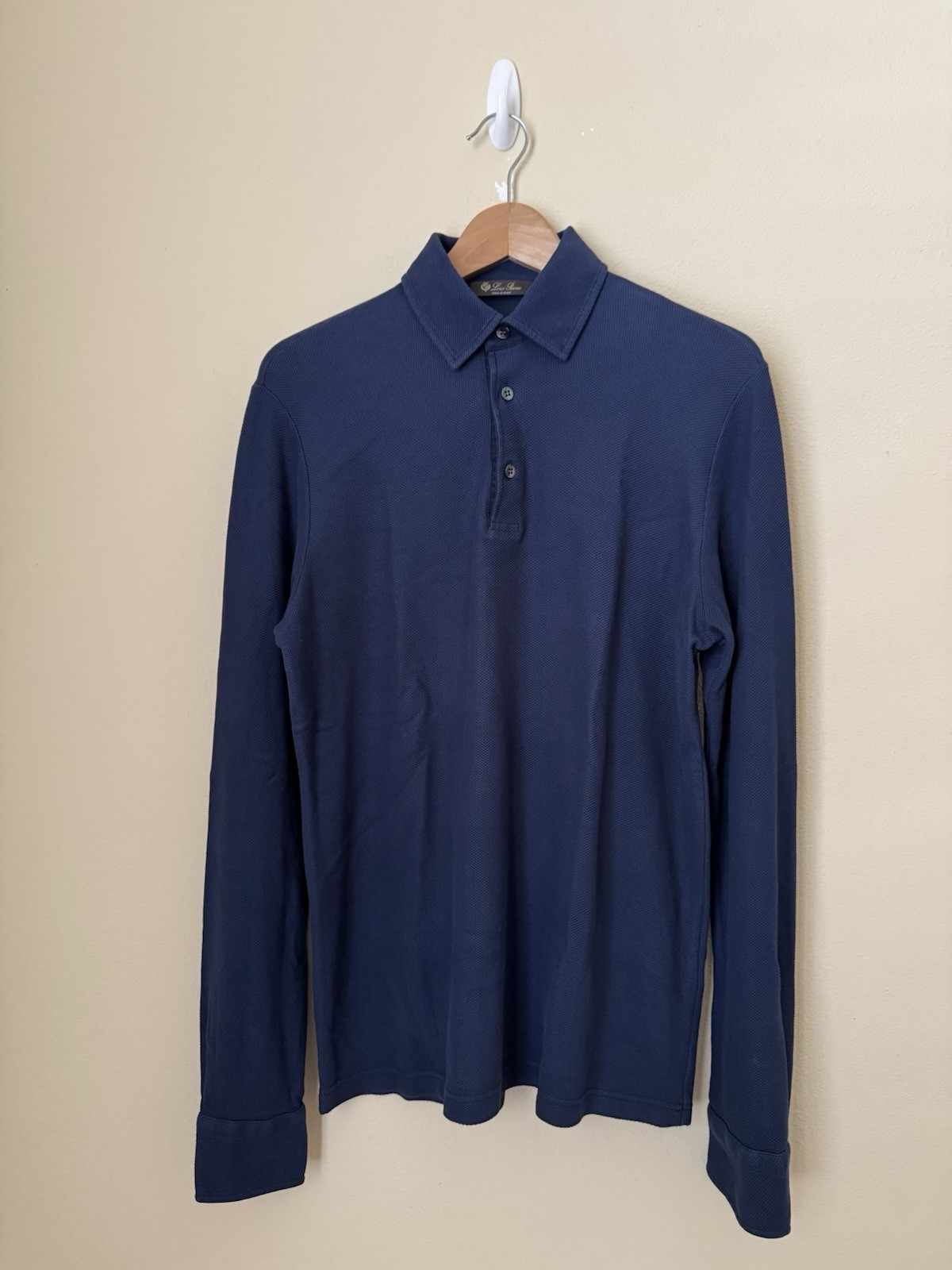 Loro Piana Cotton Waffle Knit Polo Shirt Long Sleeve Navy Blue Small