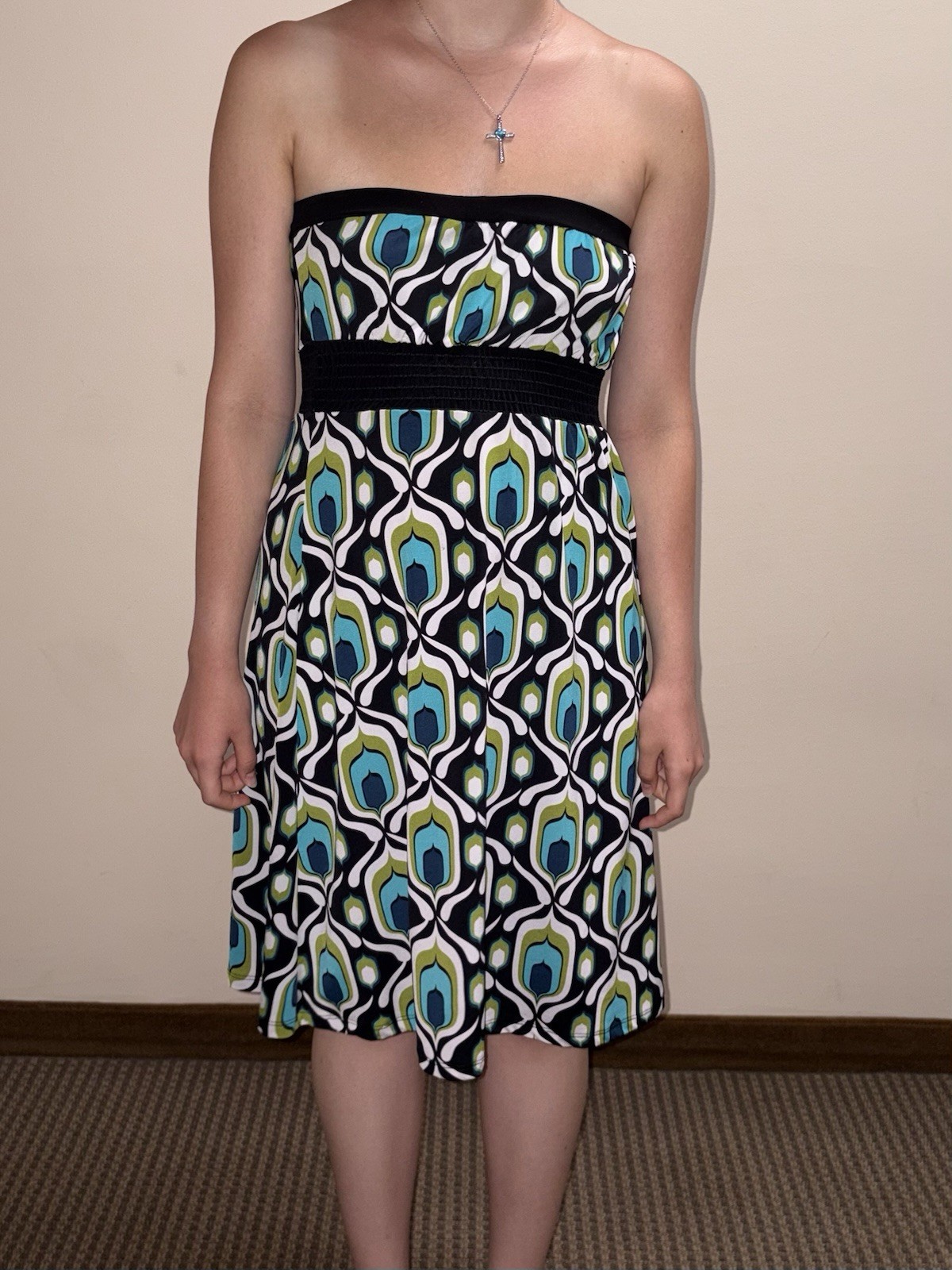 Wet Seal strapless dress with blue, green, and black peacock feather pattern S/M