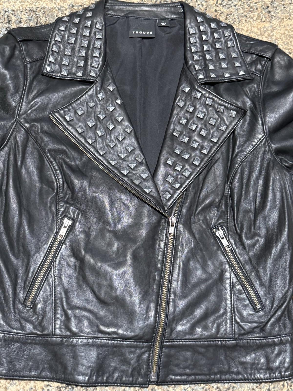 Trouvé black leather jacket women’s studded moto biker jacket size large