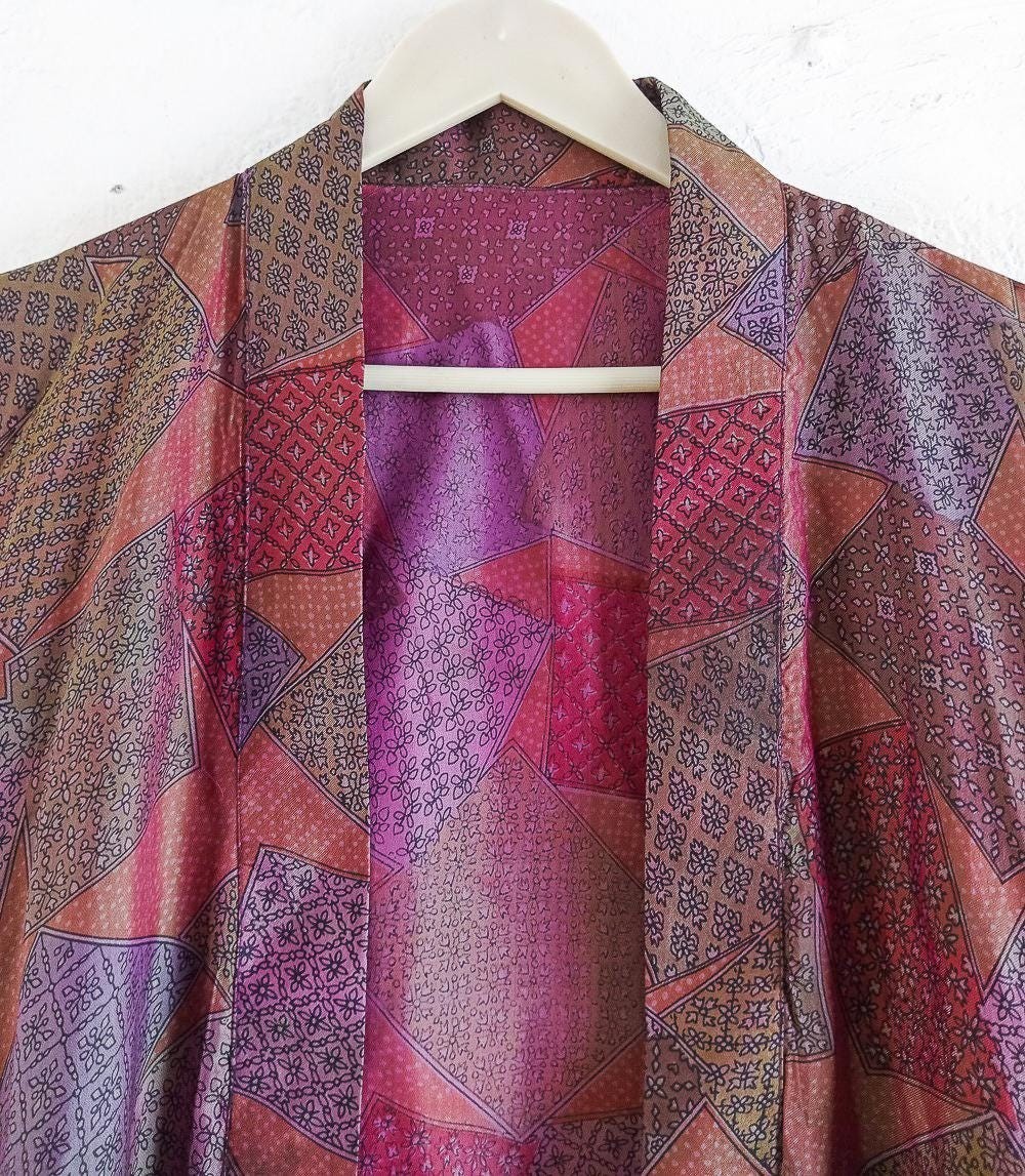Pure Silk Midi Kimono Knee Length Gown Silk Robe MKMO1678