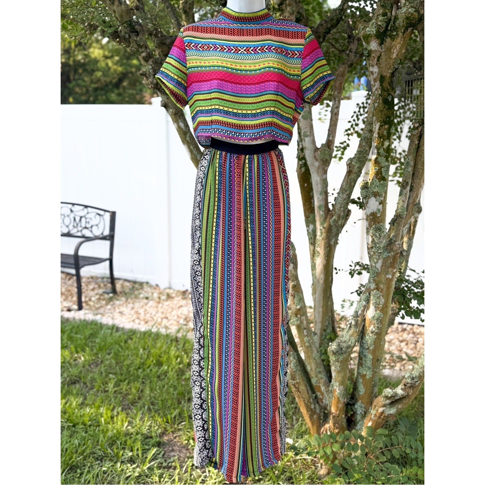 Boohoo Tribal Print Crop Top Wide Leg Pants Set Women’s US 6 Festival Boho