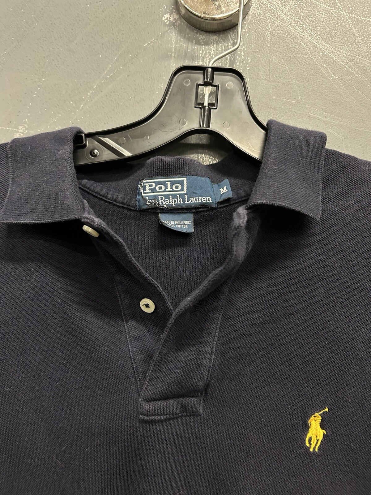 Men’s Navy Polo Ralph Lauren Half Button Collared T-Shirt Yellow Logo Size M