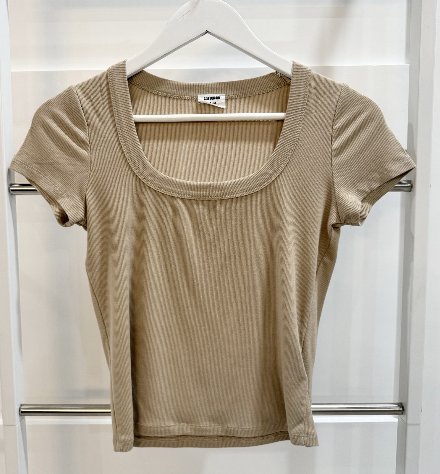 Cotton On Ribbed Scoop Neck Short Sleeve Top Beige Size Medium