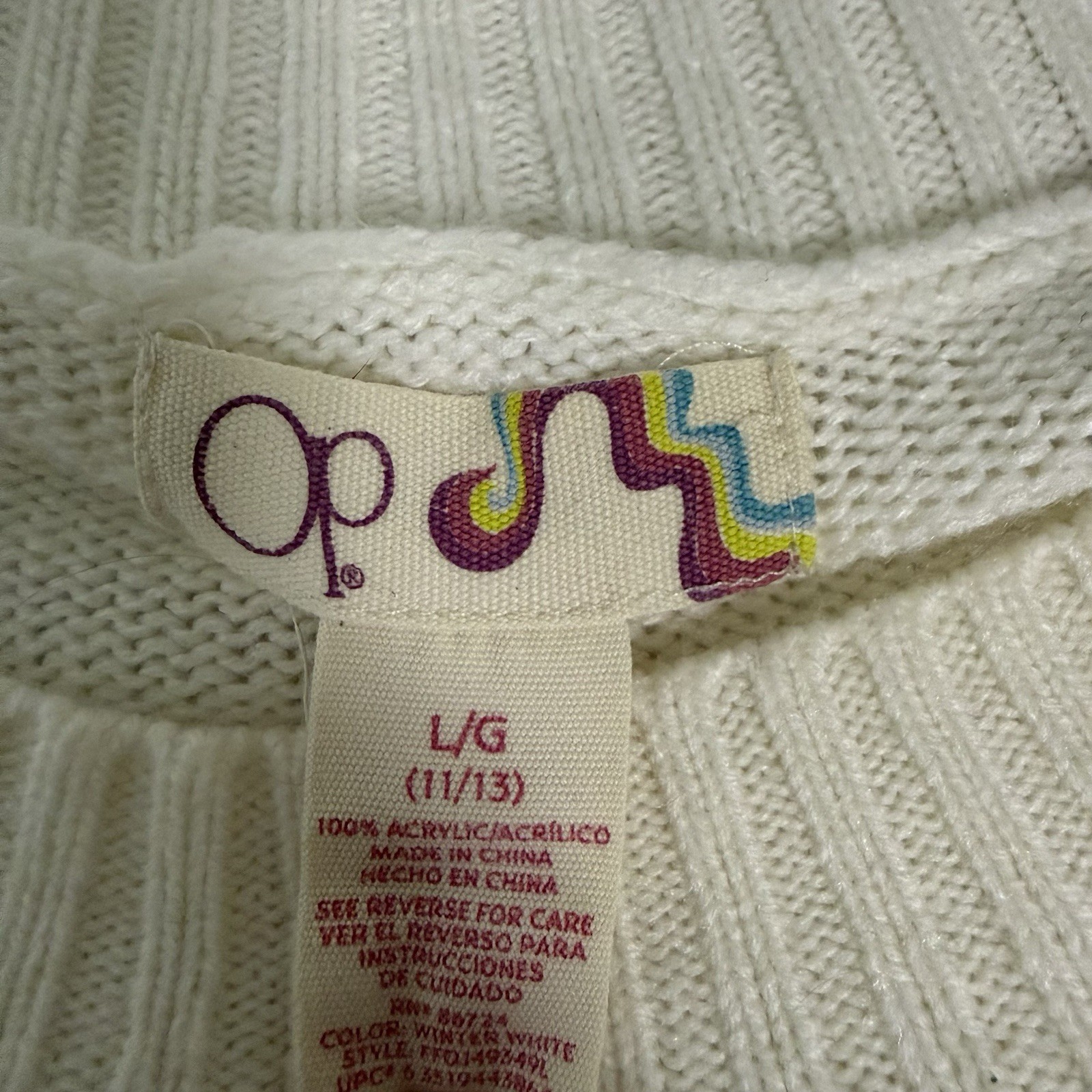Y2K OP Juniors Sweater Large 11/13 Fair Isle White Blue Knit Crew Neck Pullover