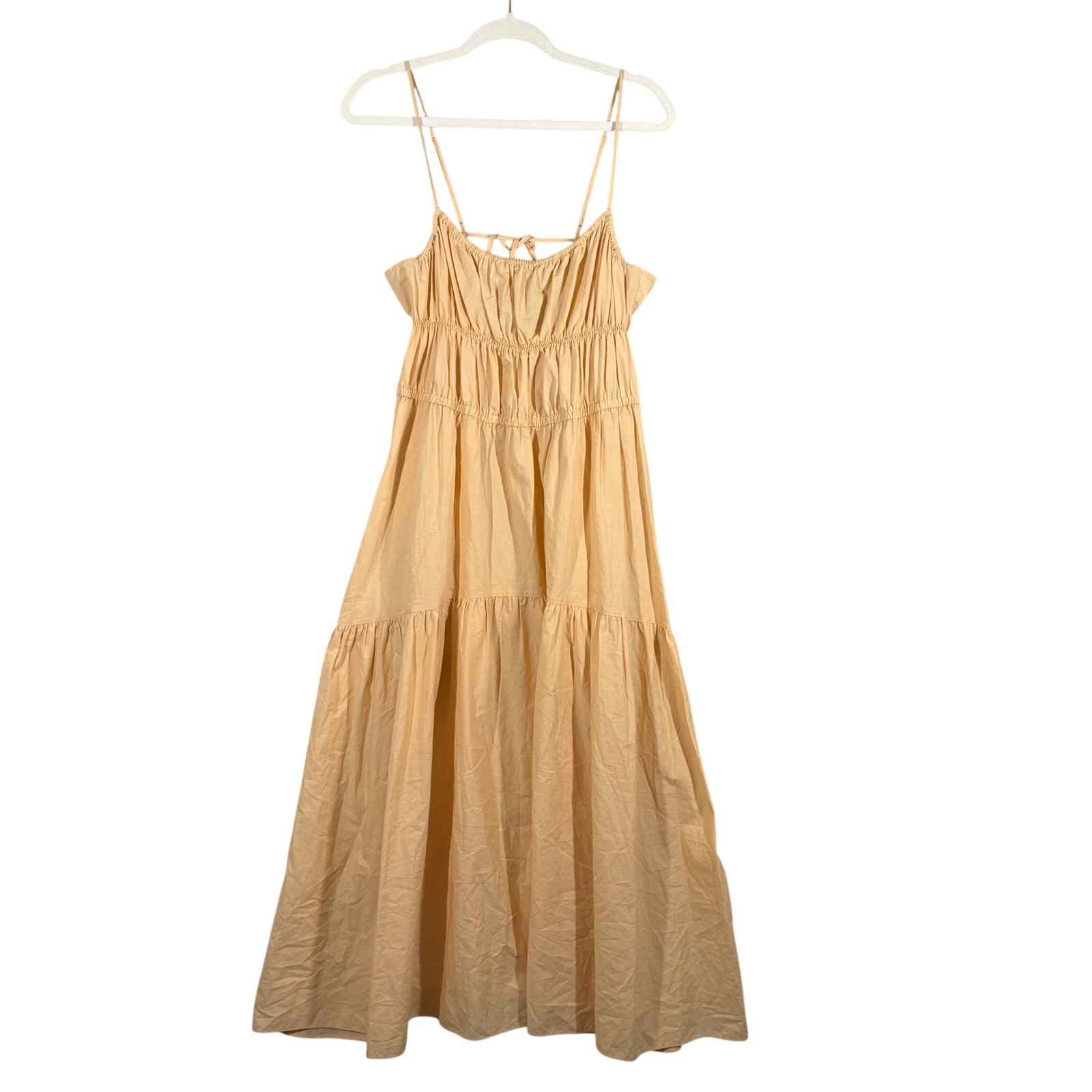 Vince Tie Back Camisole Midi Dress Peach Cotton Hemp Tiered XL Smocked Open Back