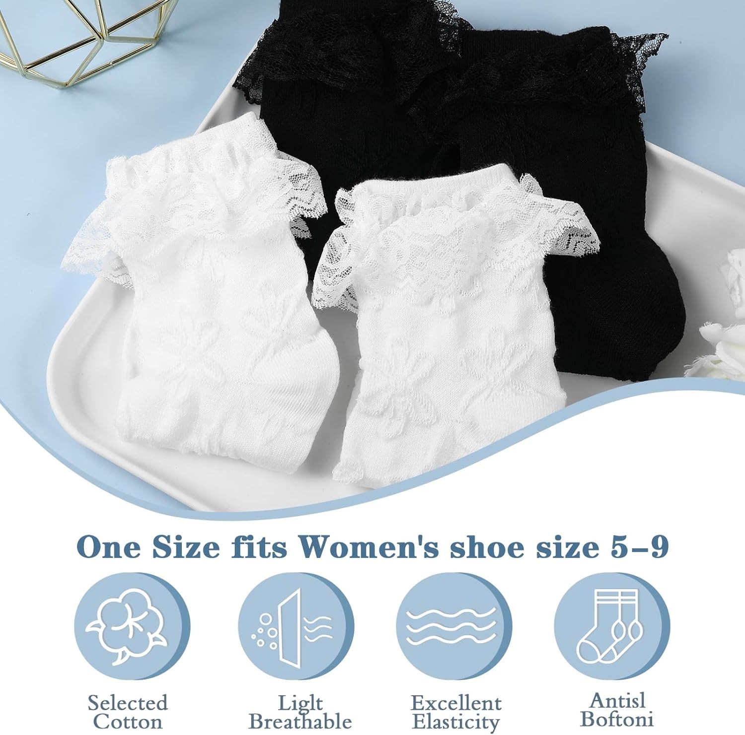 2pairs White Ruffle Socks for Women Turn-Cuff Lace Frilly Ankle Comfortable