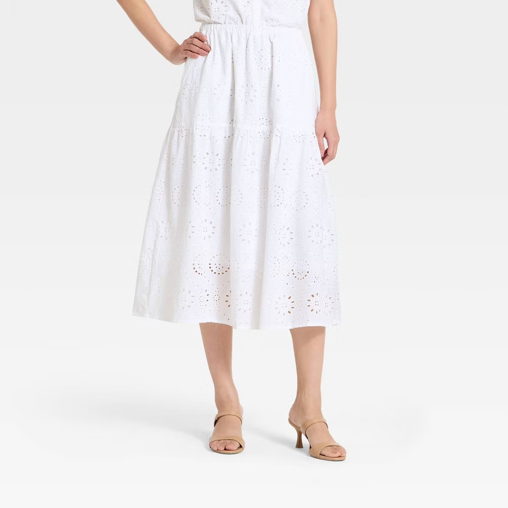 Women Tiered Eyelet Midi Skirt – A New Day White S