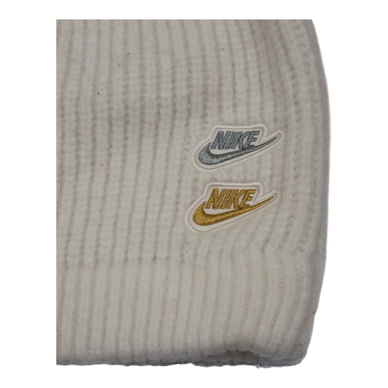 Nike Standard Cuff Pom Beanie Womens White Swoosh Logo One Size