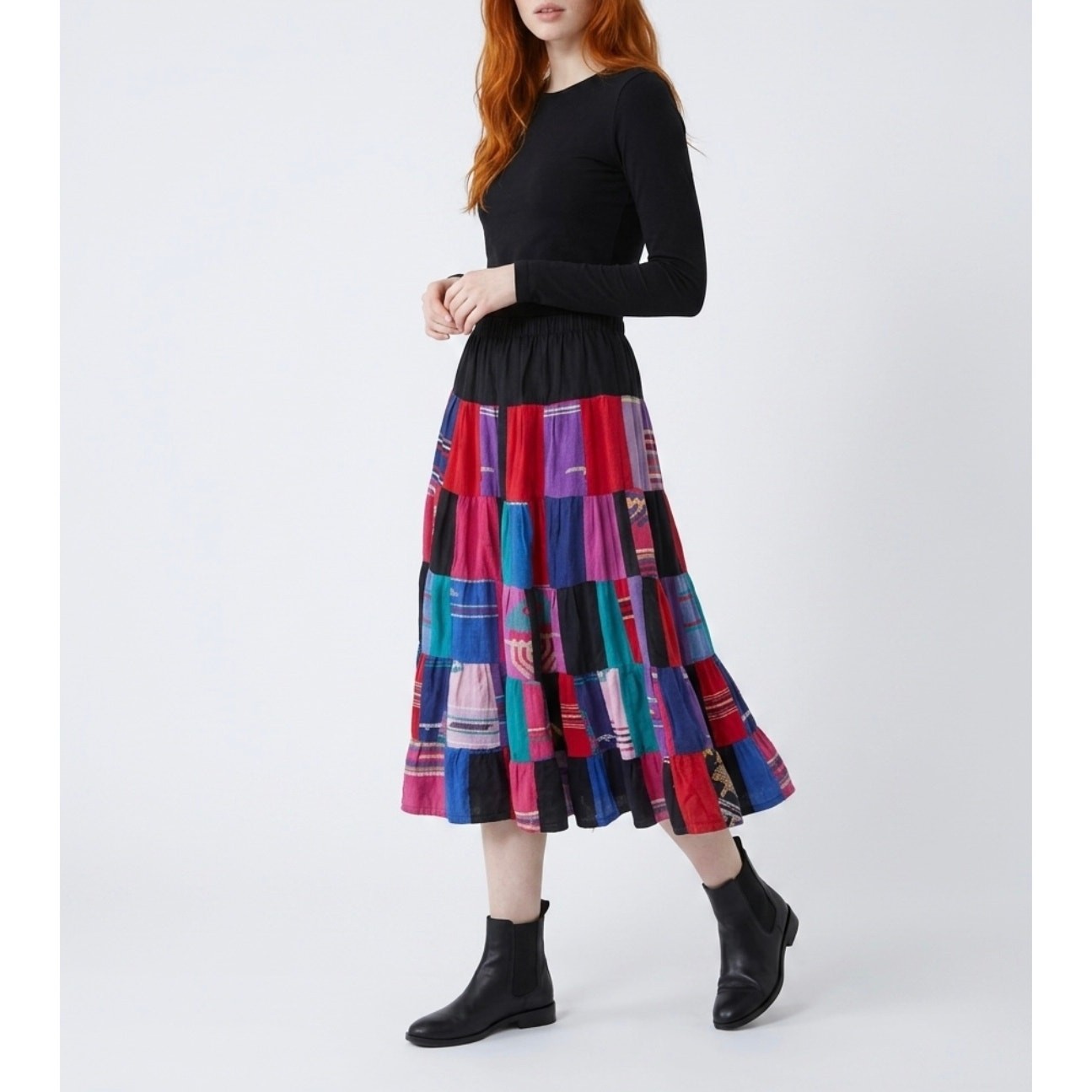 VTG Boho Handmade Upcycled tapestry Patchwork midi Skirt Women’s Guatemalan 60s