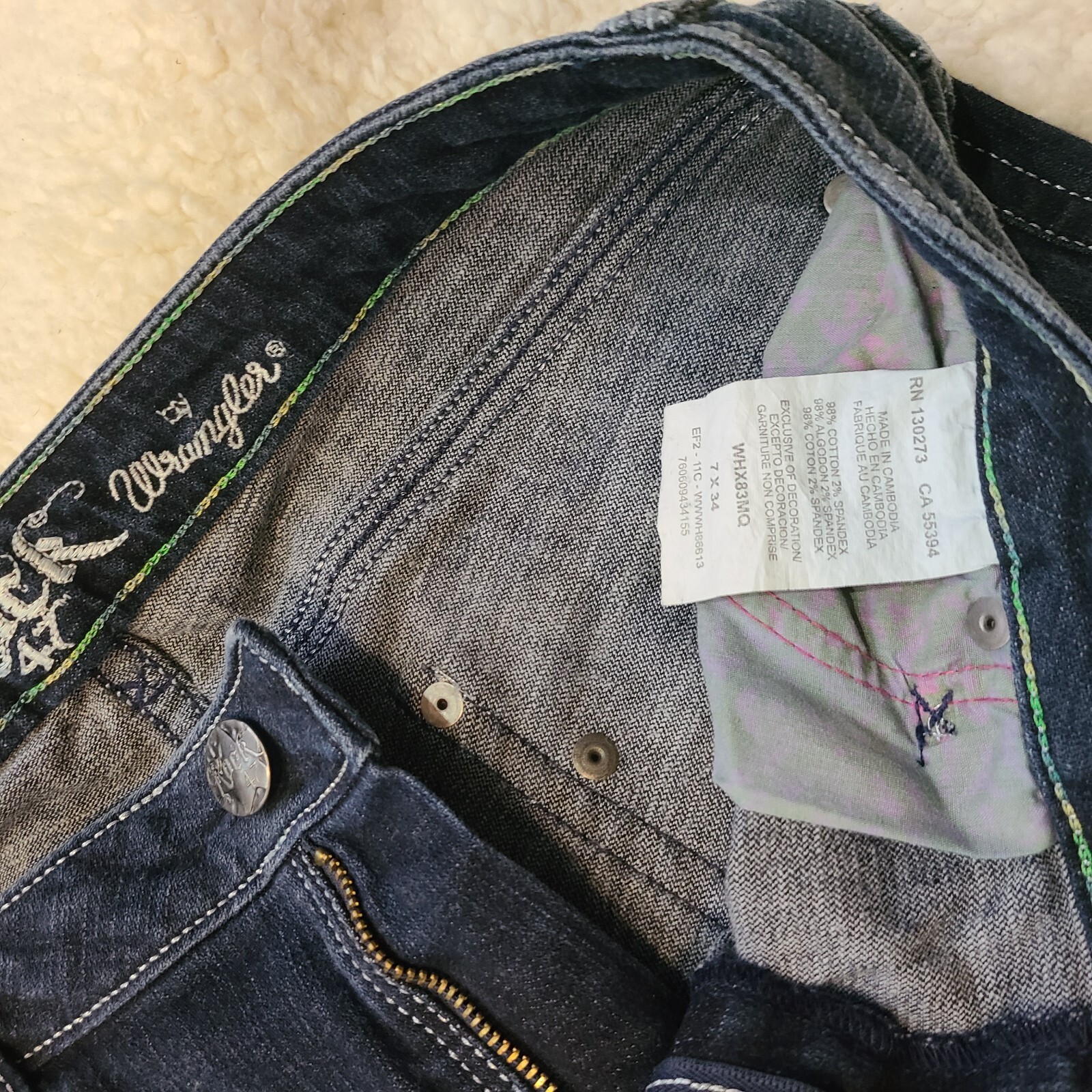 WRANGLER ROCK 47 JEANS Embellished Pockets Ultra-Low-Rise 7 x 34 WHX83MQ