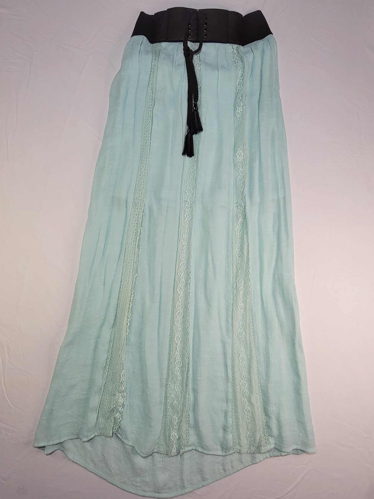 No Boundaries Womens M 7-9 Mint Green Maxi Skirt Lace Panel Boho Elastic Waist