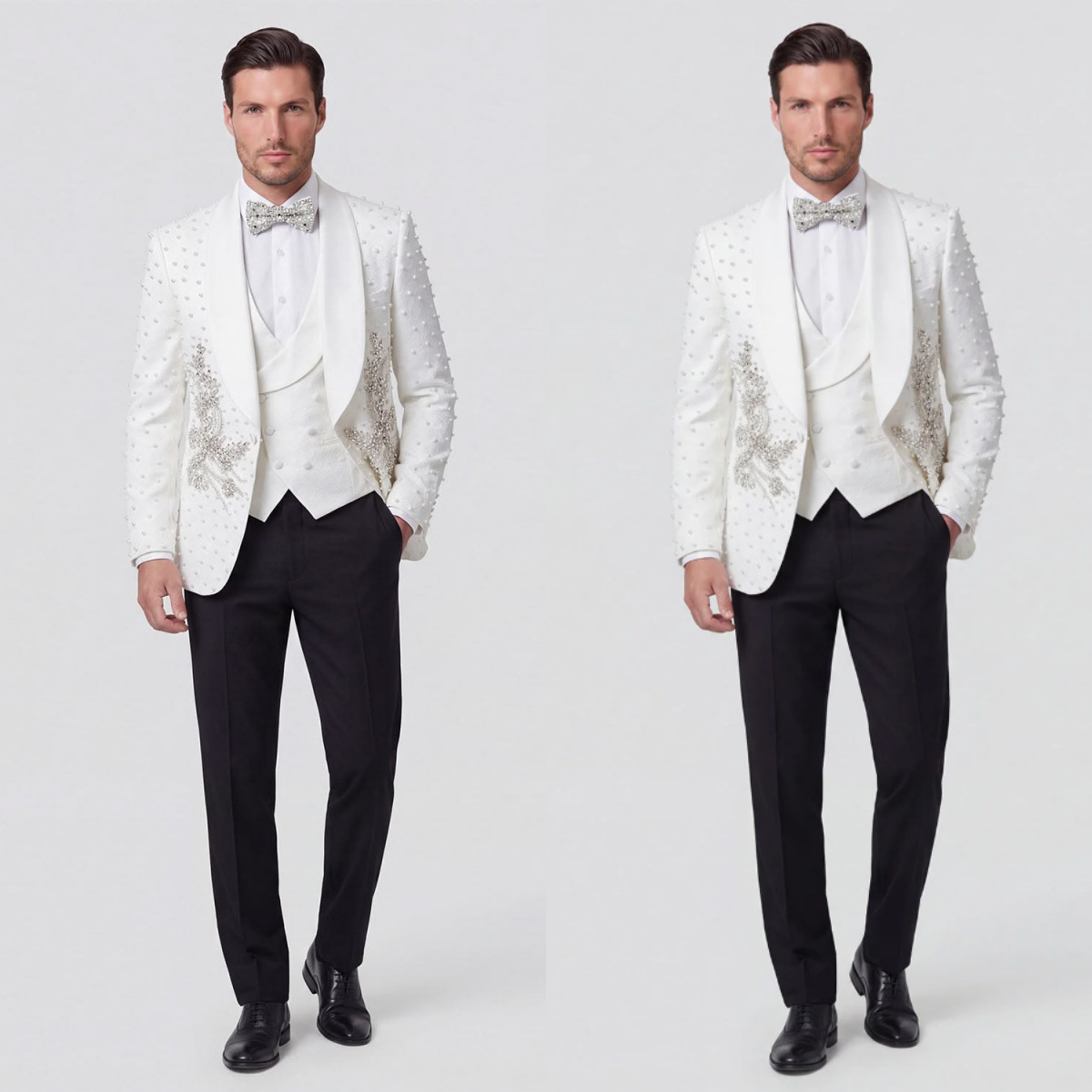 Luxury Beading Pearls Men’s Suits White Coat Shawl Lapel Jacket 3Pcs Regular Fit