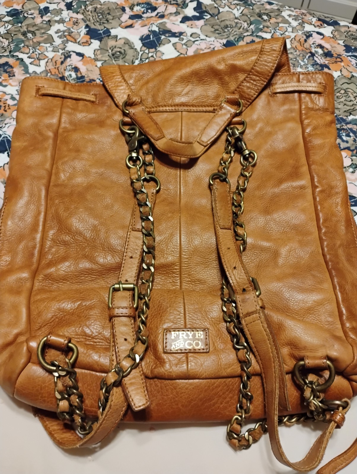 Frye and Co. Brown Solid Backpack Drawstring Zip Chain Strap Gold Hardware