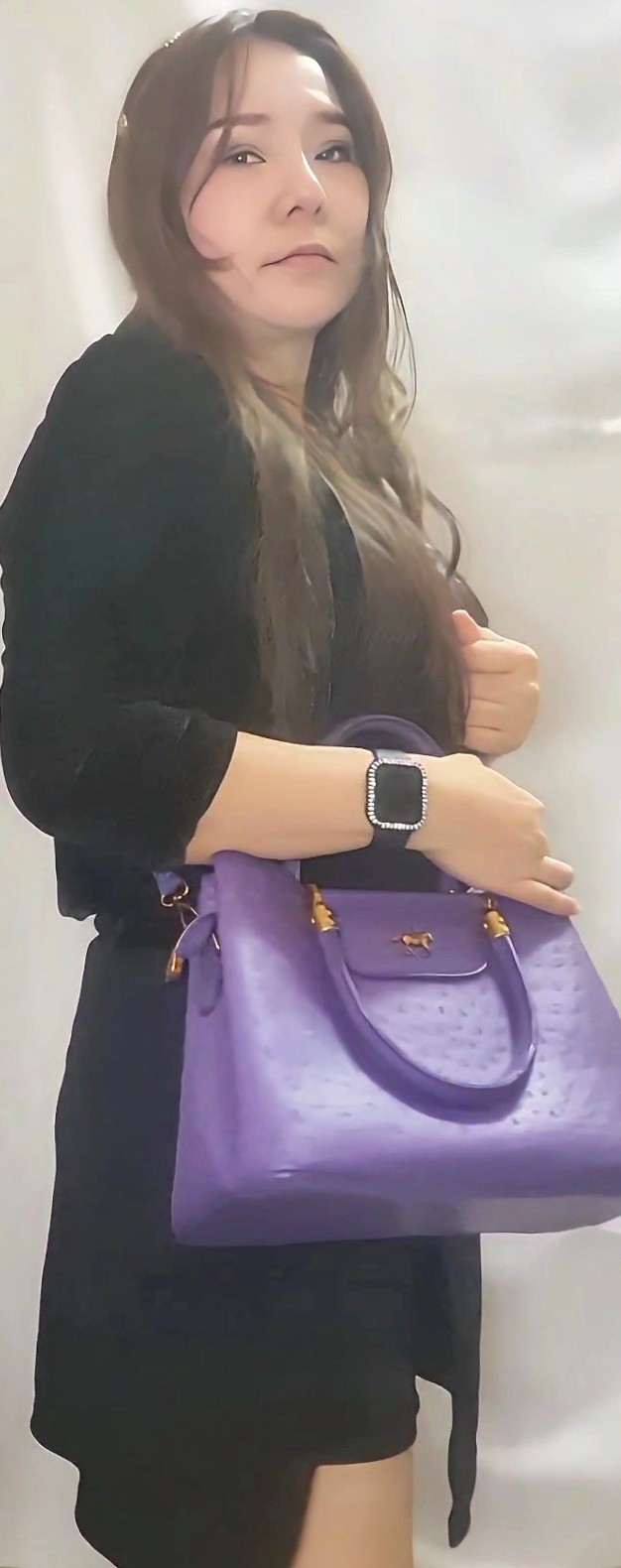 Purple Ostrich Embossed Cow Leather Satchel Top Handle Crossbody Bag Gold Zip