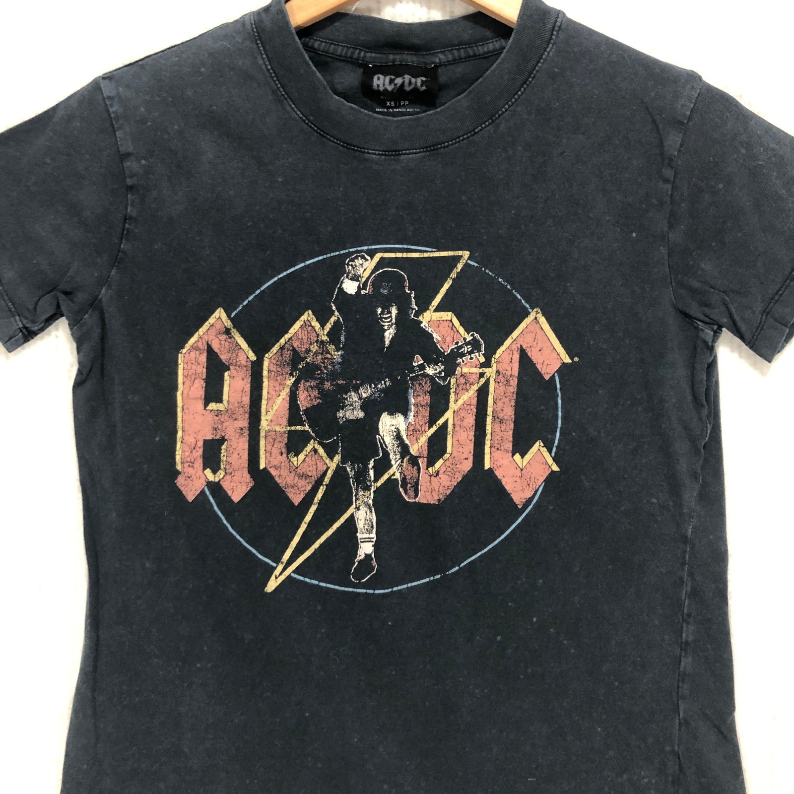 AC/DC Angus Young Graphic T-Shirt Faded Black Rock Band Tee XS