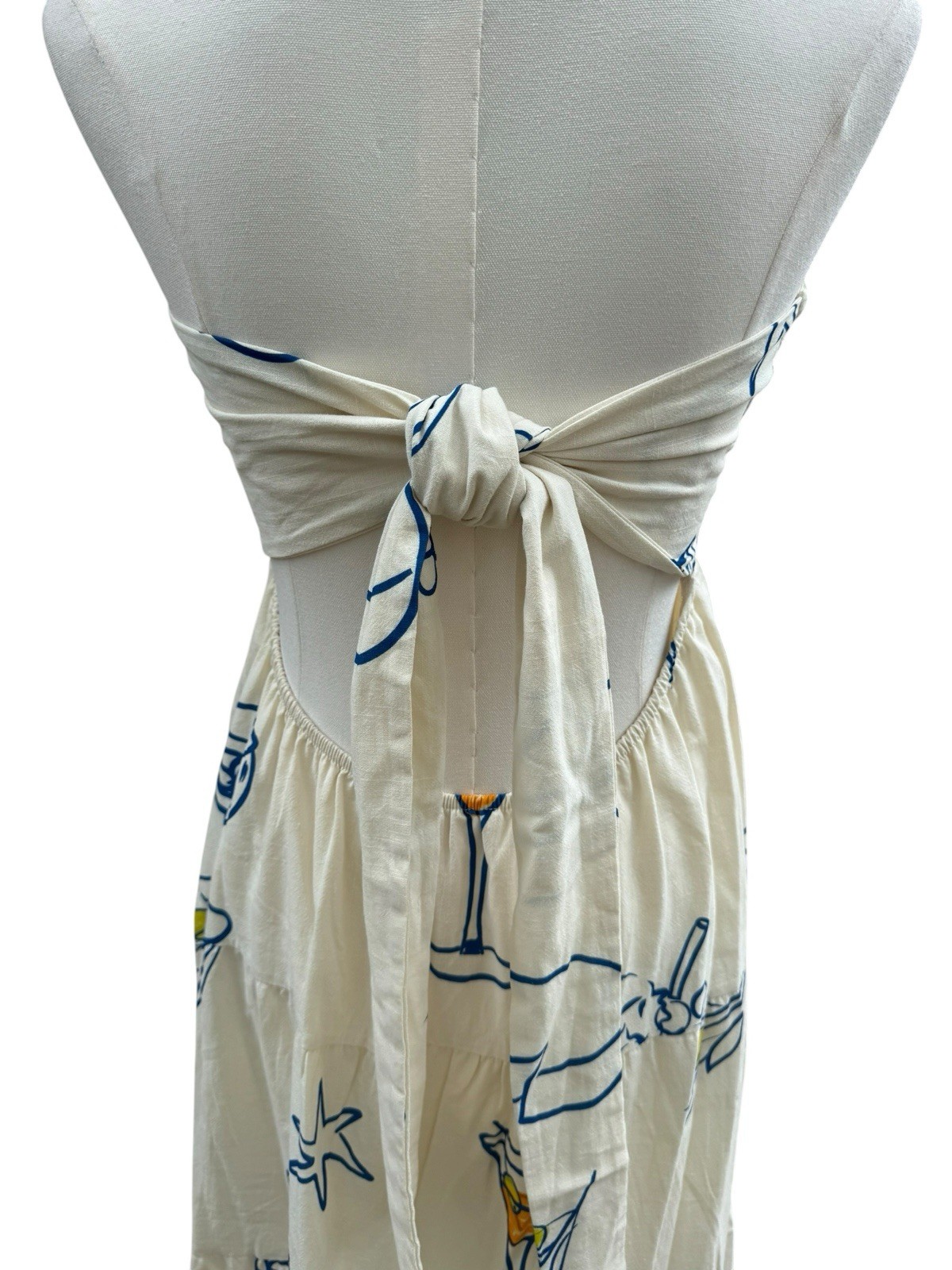 Strapless Martini Print Maxi Dress Small Coastal Vacation Olive Wine Resort Wear