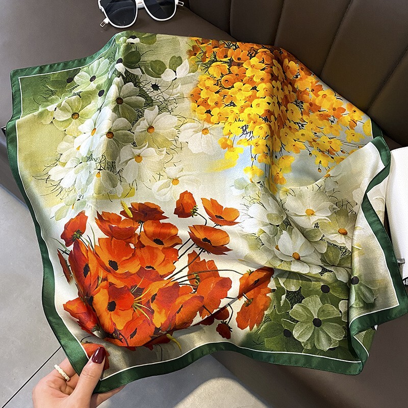 100% Silk Mulberry 27″ Square Scarf Women Vintage Neckerchief Wrap Orange Flower