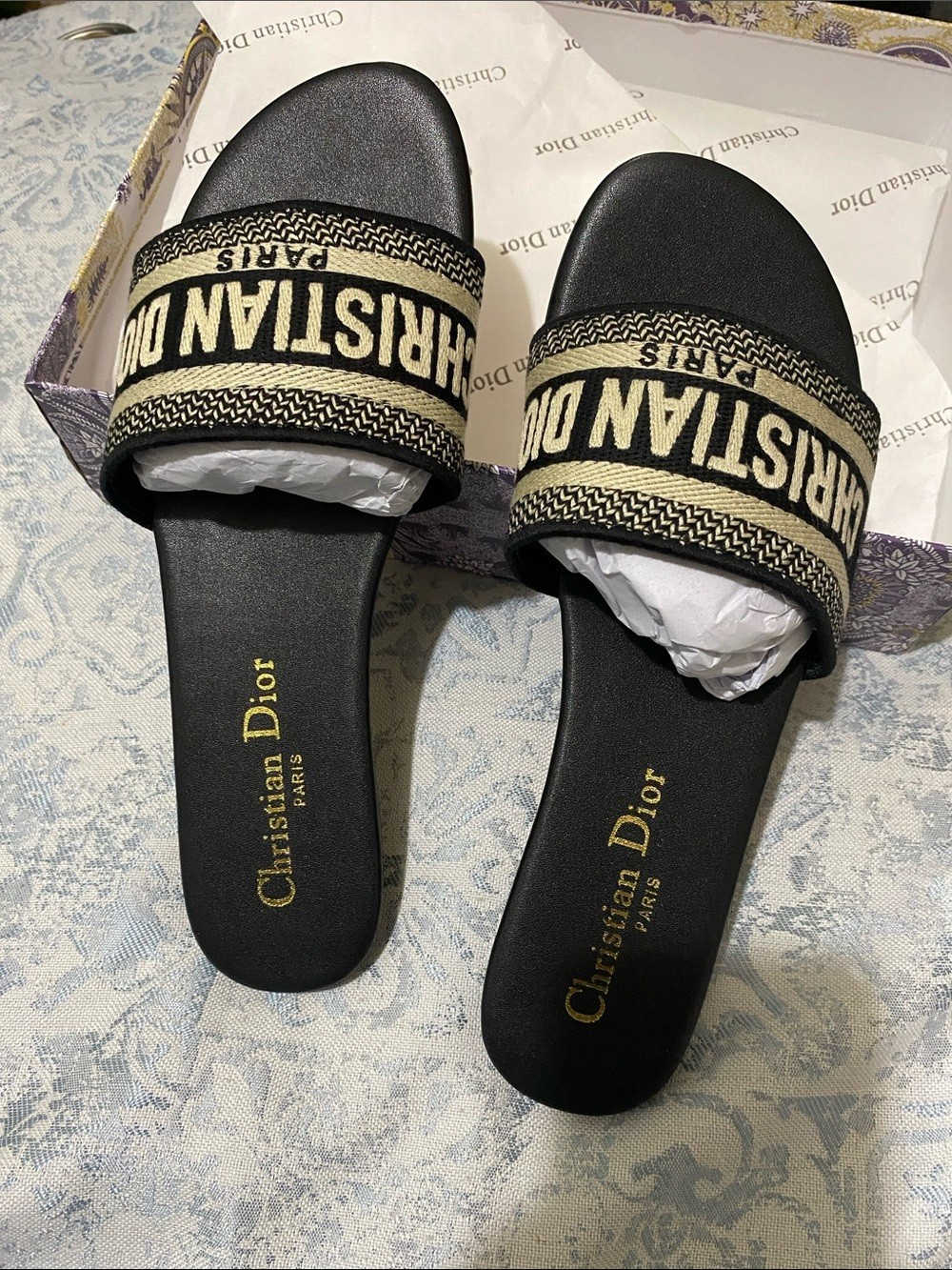 Dior Black and Beige Embroidered Slide Sandals size-EUR-39