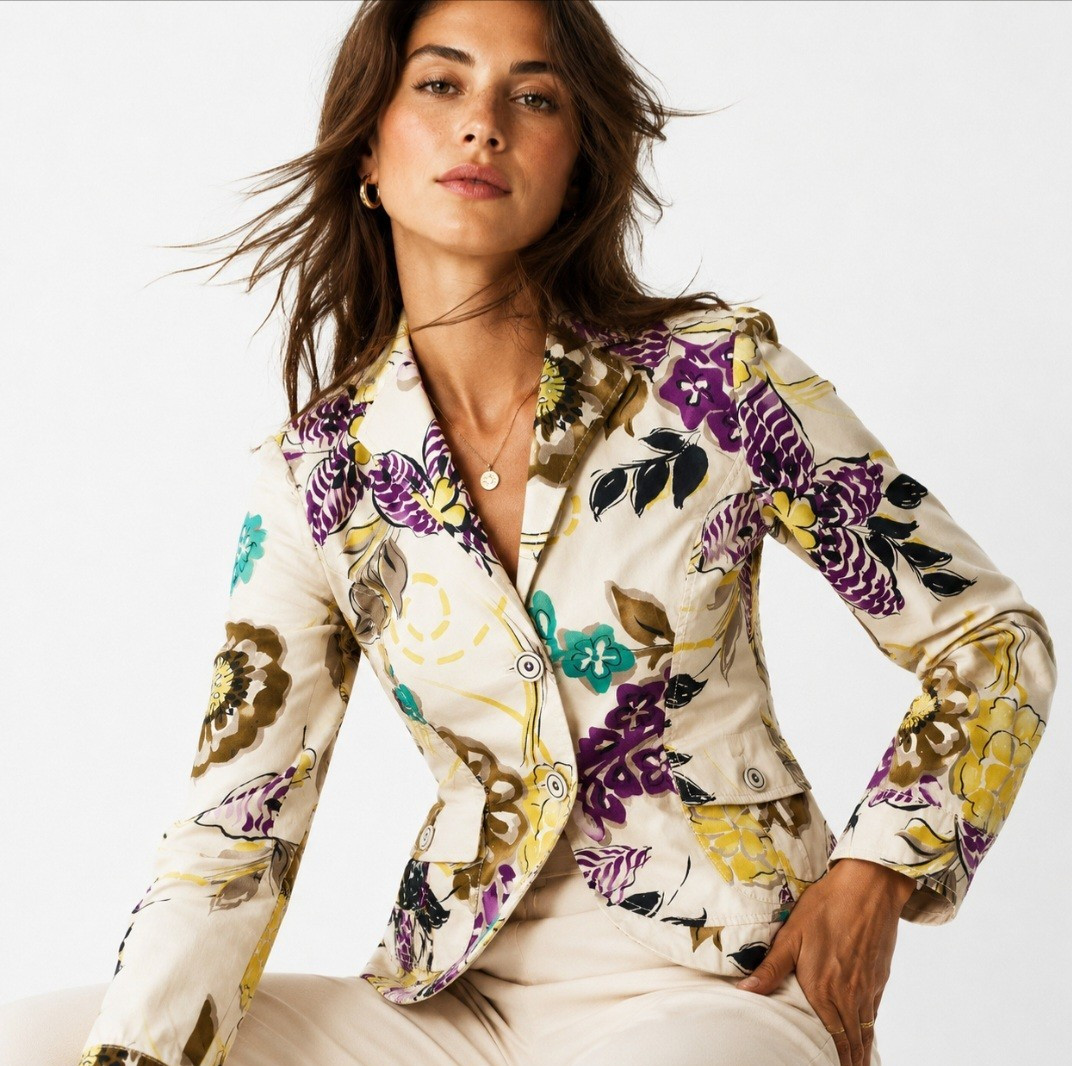 ETRO Milano Italy Floral Cotton Blazer Jacket Belted Purple Yellow IT 46 US 10 L