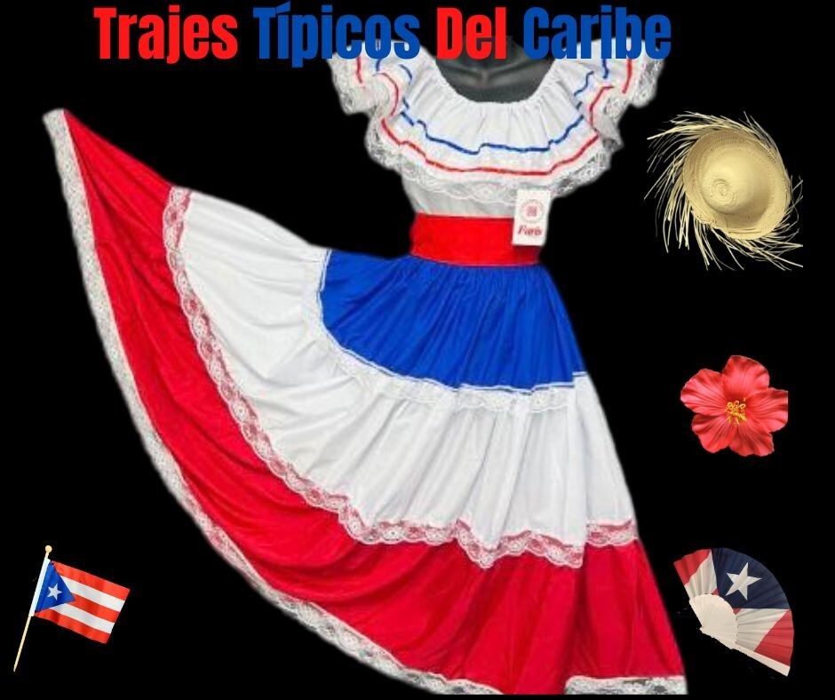 Caribe Typical 3 P/C Set Flag Color Skirt Set, Ropa Tipica Del Caribe. (3 Piece)