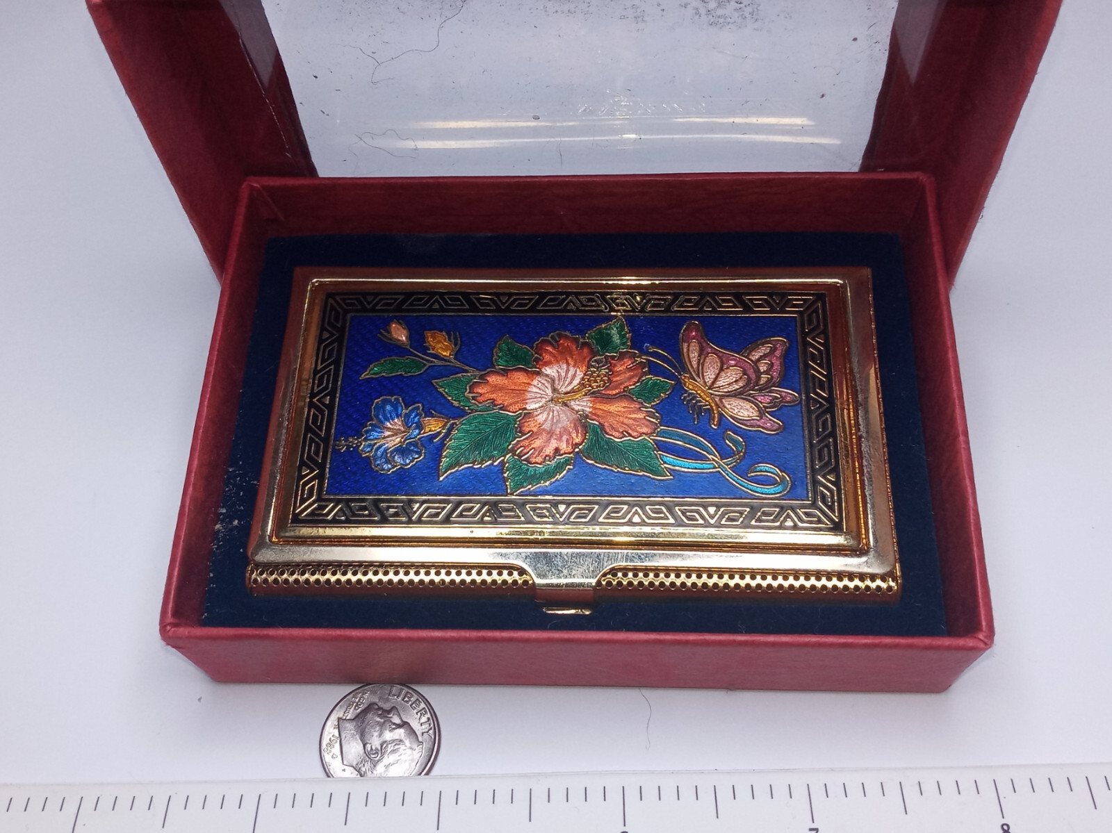 NEW IN BOX GOLDTONE CLOISONNE ENAMEL BUSINESS CARD CASE , 3/8 X 2 1/4X 3 11/16″