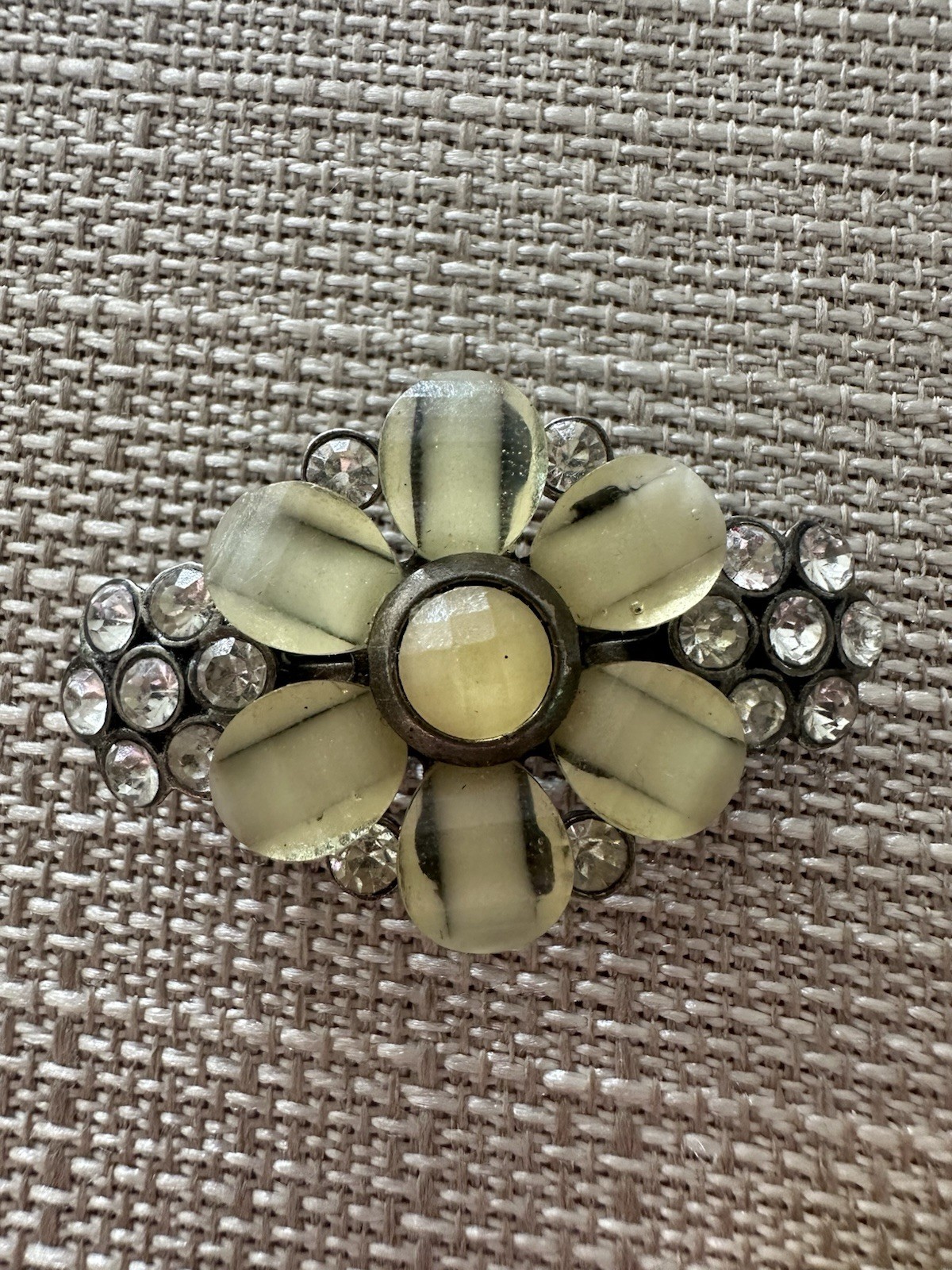 Vtg Ornate Hair Barrette Rhinestones Yellow Acrylic Flower Floral Wedding 1.75″
