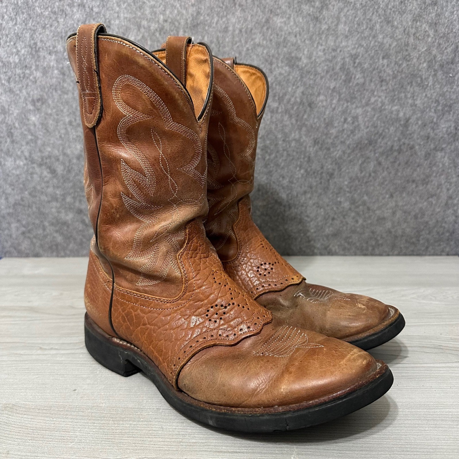 J. Chisholm Cowboy Boots Mens 12 Brown Leather Western Stitch Made in USA J8718
