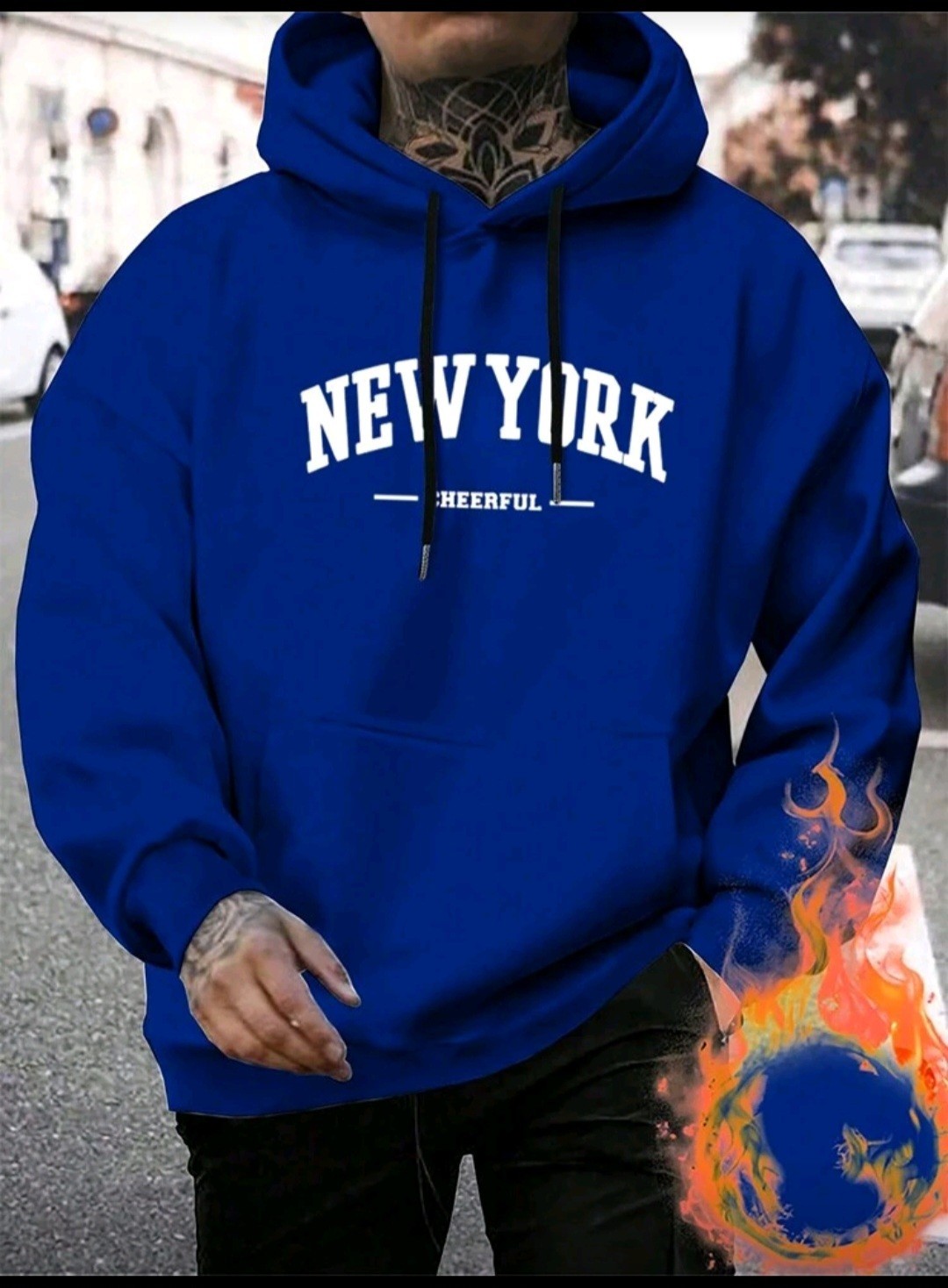 Men’s Letter Print Hooded Fleece Sweatshirt New York royal Blue Hoodie L