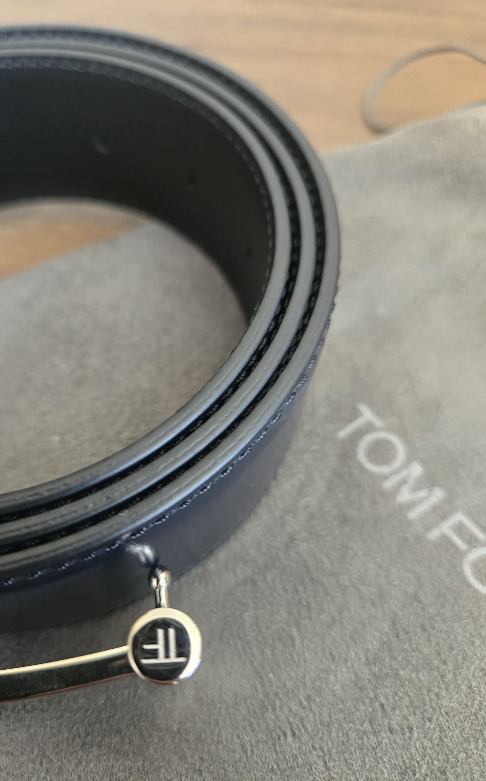 TOM FORD T BUCKLE SMOOTH LEATHER BELT NAVY BLUE SILVER 95CM BRAND NEW FREE SHIP