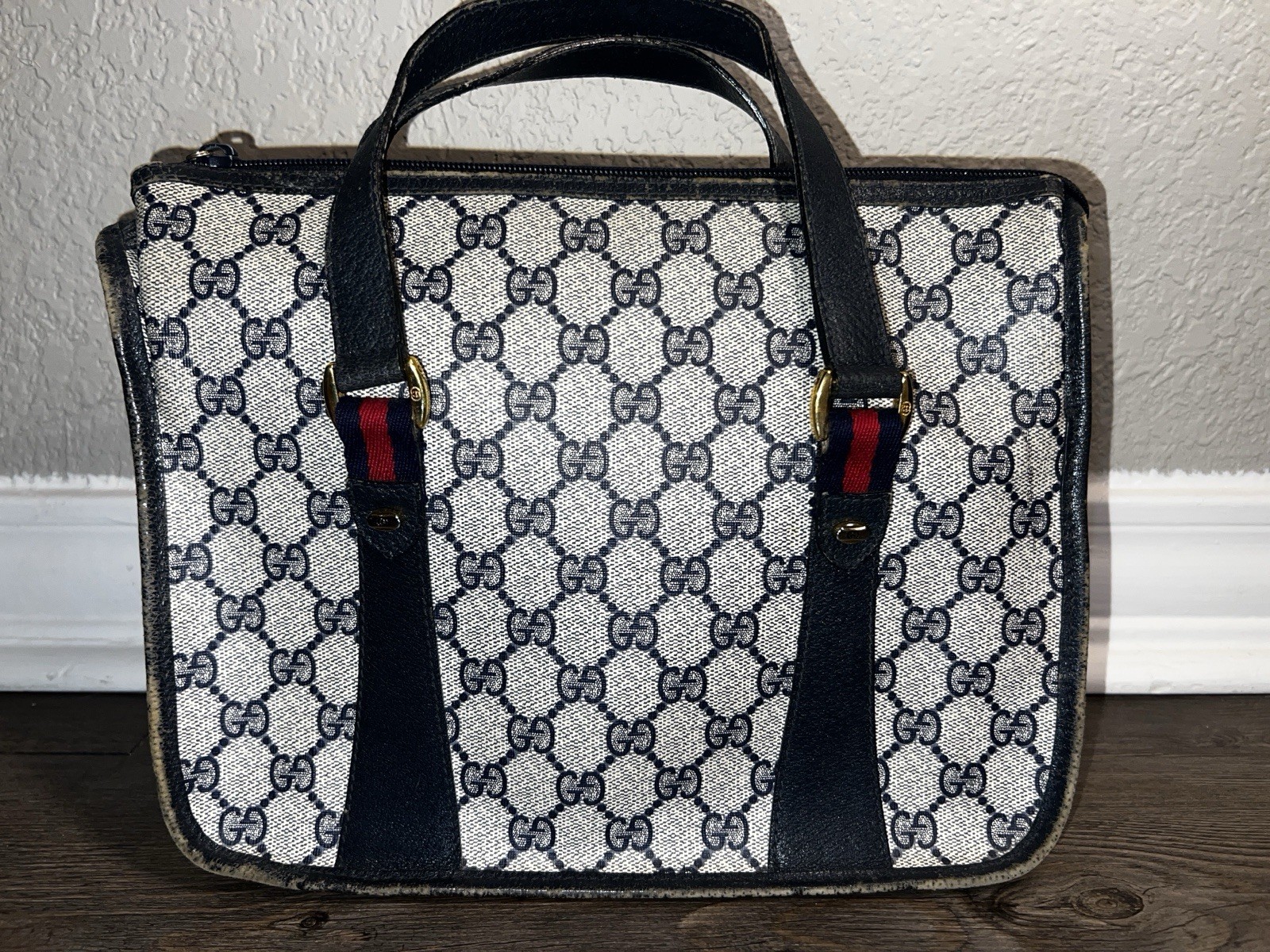 Vintage Gucci GG Supreme Monogram Small Top Handle Tote Navy Italy