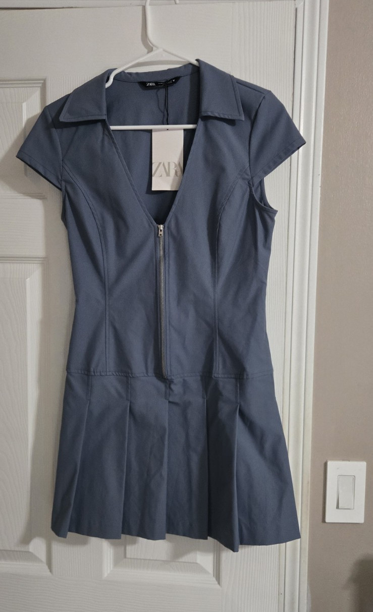 Zara Blue Fit & Flare Collared Zip Front Pleated Cap Sleeve Dress M
