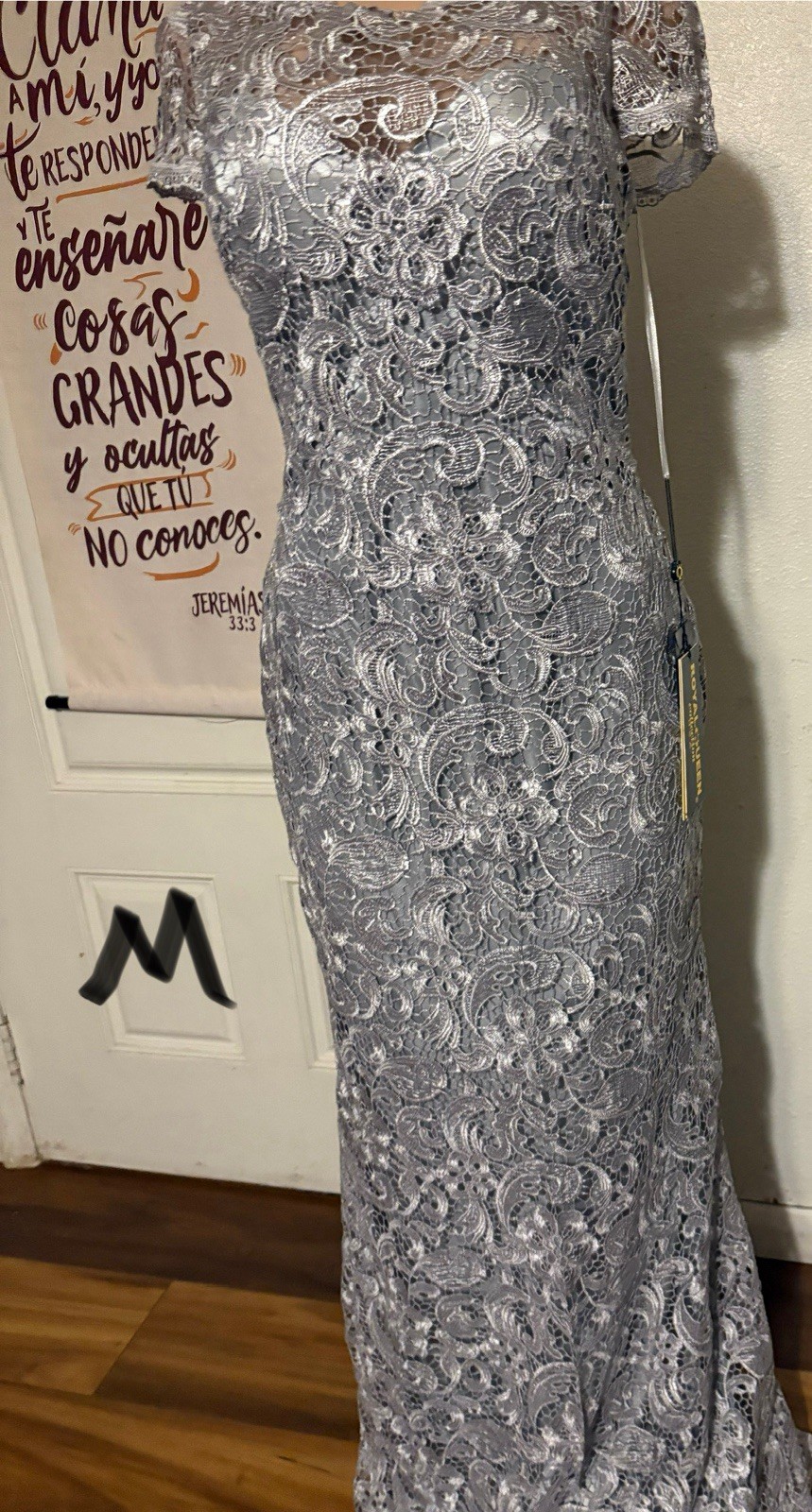 Marina Blue Lace Open Back Long Gown Floral Embroidered Round Neck L Zip