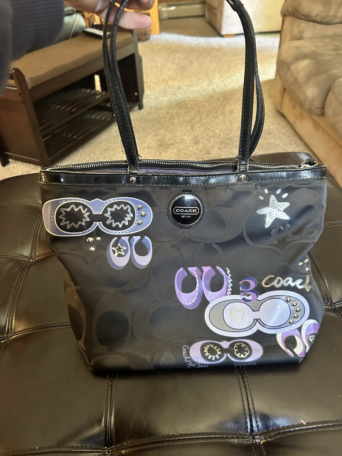 Coach Black/Purple Signature Logo Tote Bag Zip Closure Silver Hardware Pockets