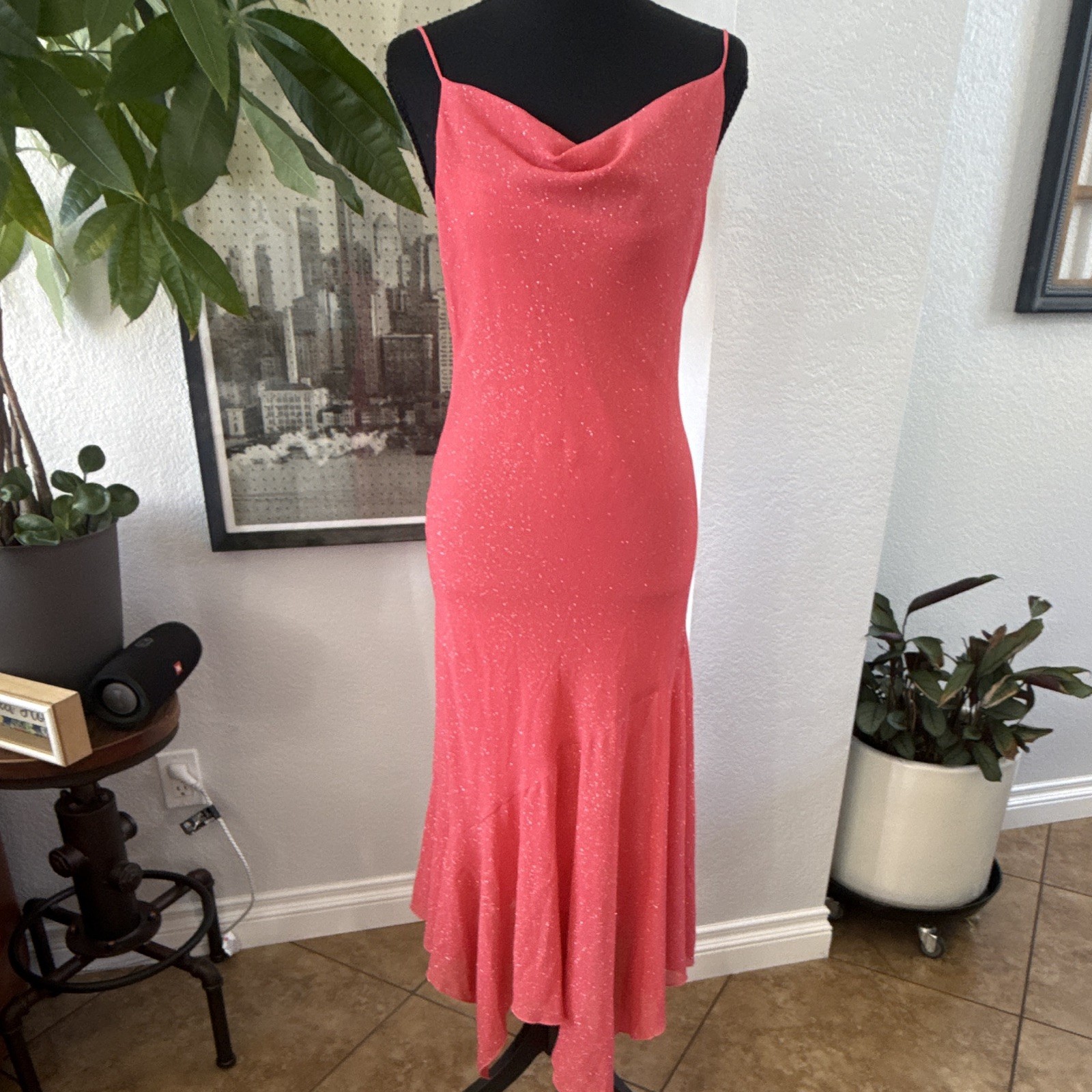 BeSmart Women’s Pink Glitter Spaghetti Strap Cowl Neck Long Dress 5/6