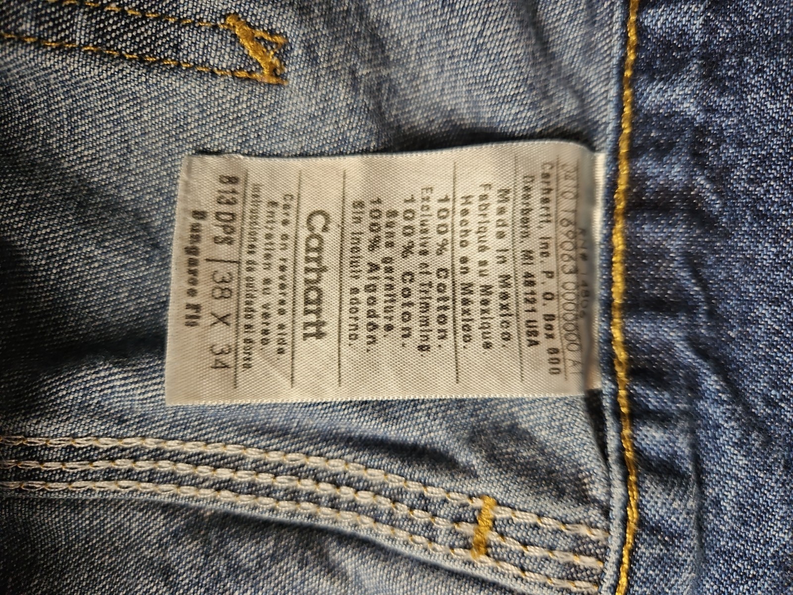 Carhartt B11 DNM Men’s 38×34 Blue Denim Carpenter Work Jeans Made Mexico