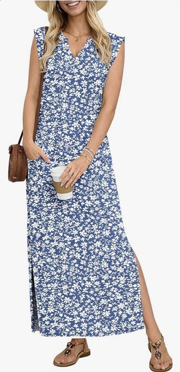 Women’s Blue/White Floral V-Neck Sleeveless Long Maxi Dress Side Slit