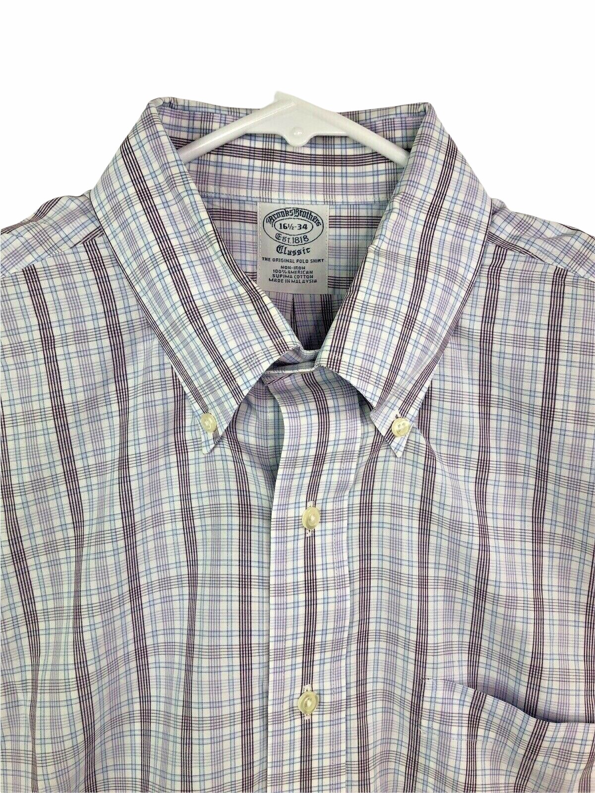 Brooks Brothers Mens 16 1/2 – 34 White Purple & Blue Plaid 1 Pocket Dress Shirt
