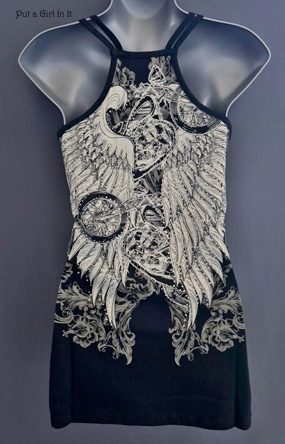 New Womens BLACK CRYSTAL MOTORCYCLE ANGEL WINGS BIKER TANK TOP S M L XL 1X 2X 3X